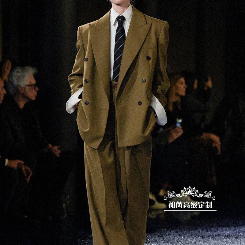 高级定制秀场大牌军绿色羊毛廓形西装套装裤女宽松老钱风西服秋冬