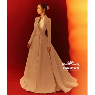 高端定制新闻女王佘诗曼同款西装礼服拖尾大摆裙奢华时尚修身长裙