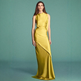 不对称设计感优雅连衣裙夏季 高级定制宴会黄色真丝长裙修身 无袖