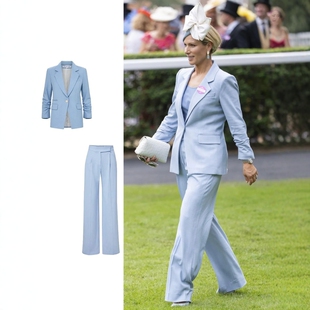 高级私人定制淡蓝色西装套装裤轻奢气质职业正装主持人简约大气女