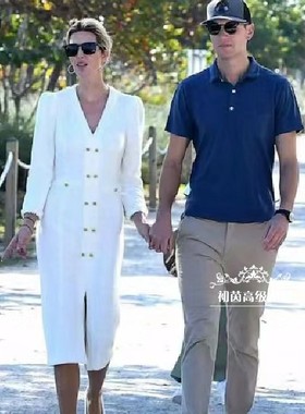 高级定制伊万卡同款白色小香风连衣裙中长款V领气质高腰修身裙新