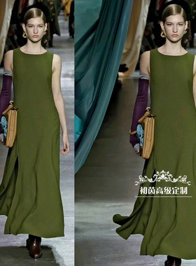 高端定制2024春夏走秀新款军绿色圆领真丝连衣裙女长款开叉优雅OL