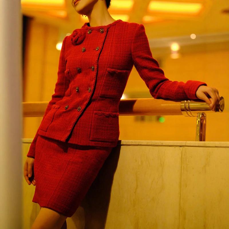 周迅同款红色小香风时尚套装裙