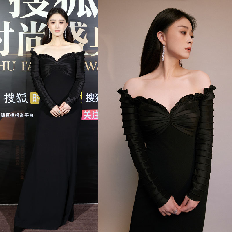 高级定制明星蒋欣同款黑色露肩礼服裙女长袖修身显瘦优雅端庄春秋