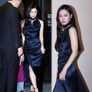 金智媛同款藏蓝色挂脖露背改良旗袍式礼服裙女长款优雅时尚性感