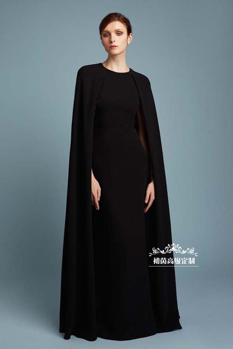 高级定制黑色斗篷披肩高级质感大牌时尚气质大气优雅修身长款礼服
