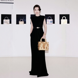 高级定制李冰冰同款黑色真丝丝绒连衣裙女长裙拼接缎面优雅时尚