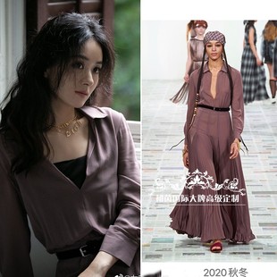 高级定制赵丽颖同款深咖色真丝连衣裙女修身大摆褶皱时尚慵懒风秋