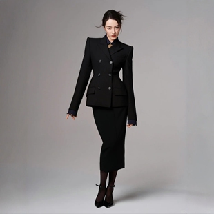 chic秋冬款迪丽热巴同款黑色羊毛西装职业套装裙利落飒爽通勤穿搭