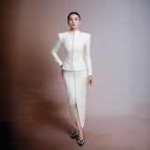 高级私人定制宋佳同款 饰优雅气质女 纽扣装 白色羊毛西装 套裙新中式