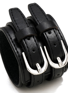 网红欧美流行饰品 车线朋克风个性皮革手链 简约宽皮双层男士手环