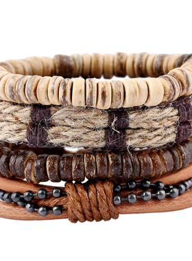 网红欧美简约复古套装手链diy编织手链椰壳手链男士麻绳手链