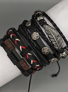 网红可调手环抽绳网红羽毛学生皮革手链复古合金树叶五角星编织