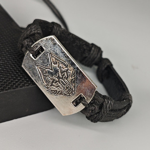 网红藏式民族风光板狼头合金编织可调节手环朋克皮革手链黑色帅酷