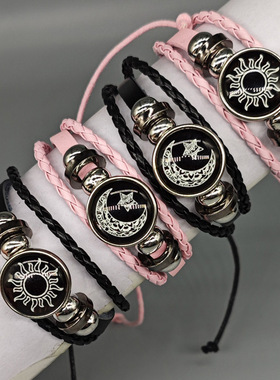 网红爆款日月时光宝石手链男女通用手工多层编织皮革手链厂