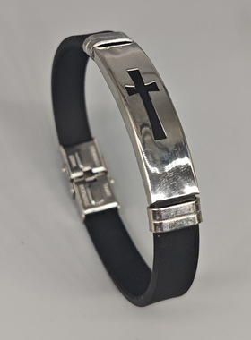 网红欧美潮男不锈钢十字架手链男小众文艺个性创意硅胶手镯细手环