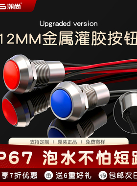 12mm全身防水IP67灌胶带线户外金属按钮开关自锁复位带灯定制LED
