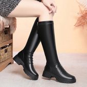 进口一件中筒靴女季 棉靴粗跟加绒不过膝长靴女士皮靴软皮高筒靴