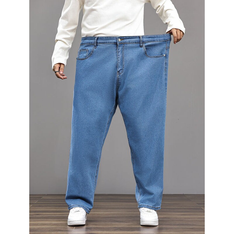 进口超大码斤加肥加大号男宽松弹力直筒牛仔裤高腰深档牛仔裤