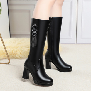 进口真皮女靴季新款棉靴防滑粗跟加绒羊毛长筒靴子中筒靴马靴女棉