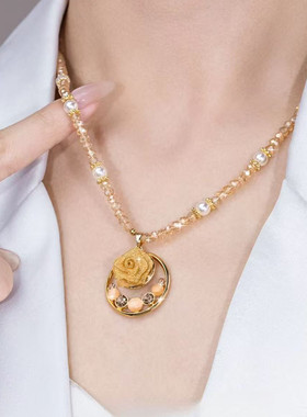 进口气质百搭网状玫瑰花咖色猫眼石圈圈水晶项链精致轻奢ins风锁