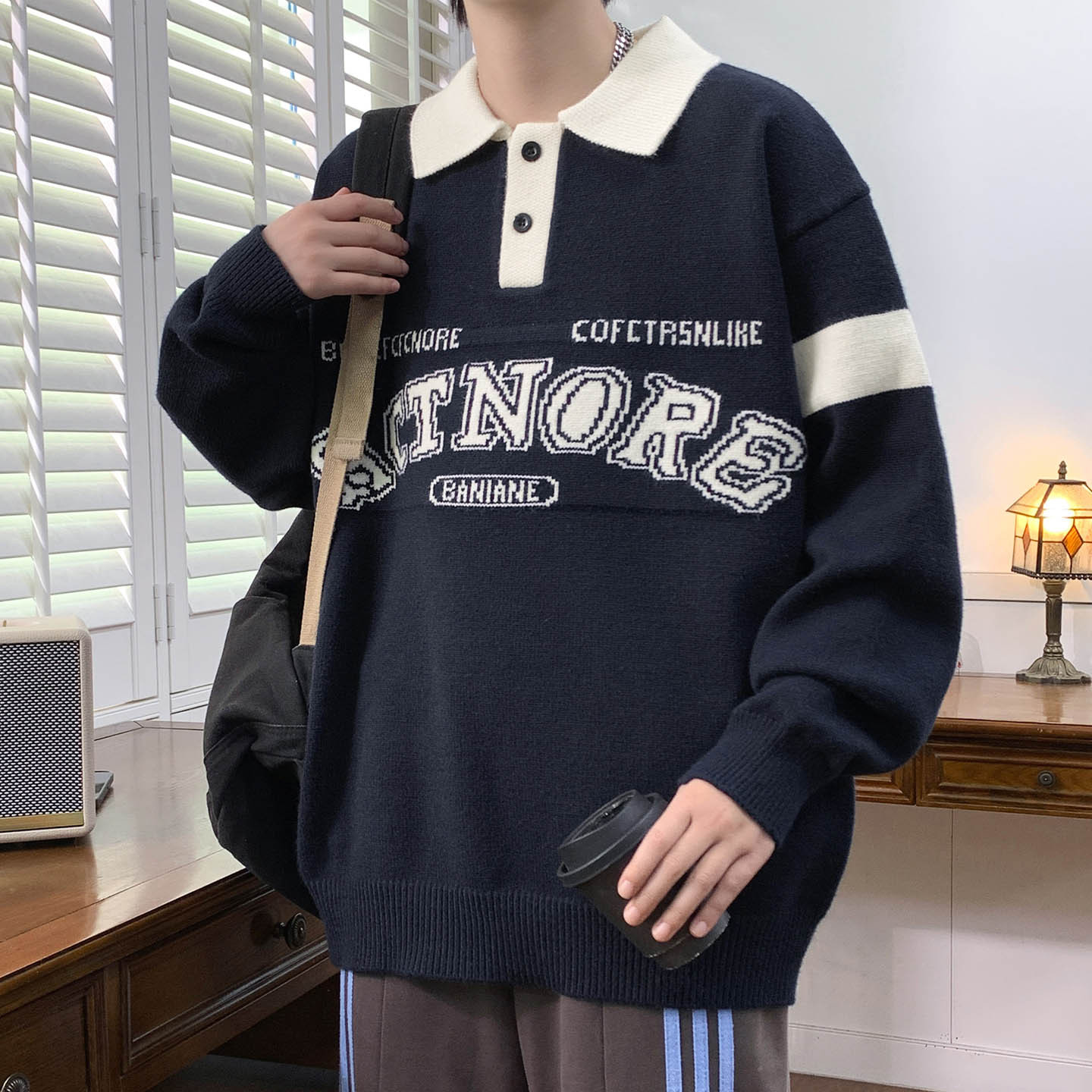 大牌高端新款翻领毛衣男孩初高中学生加厚保暖青少年大童针织打底