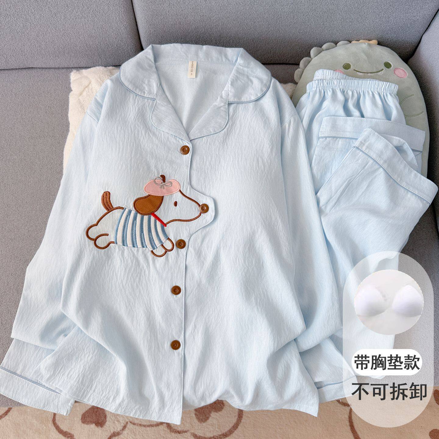 德国带胸垫可爱云朵纯棉纱睡衣女款新款长袖家居服夏