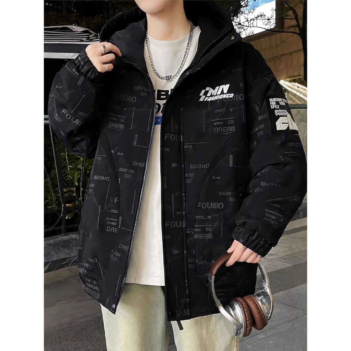 进口连帽外套男款加绒加厚保暖夹克宽松青少年户外防寒派克服男装