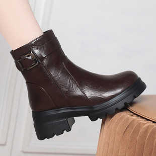 进口一件英伦风女士皮鞋女款马丁靴季加绒女鞋高跟棉鞋厚底短靴