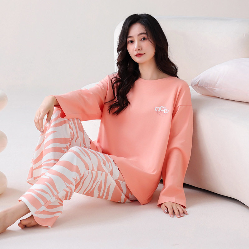 撤柜睡衣女款纯棉长袖年新款薄款粉桔女式大码家居服套装