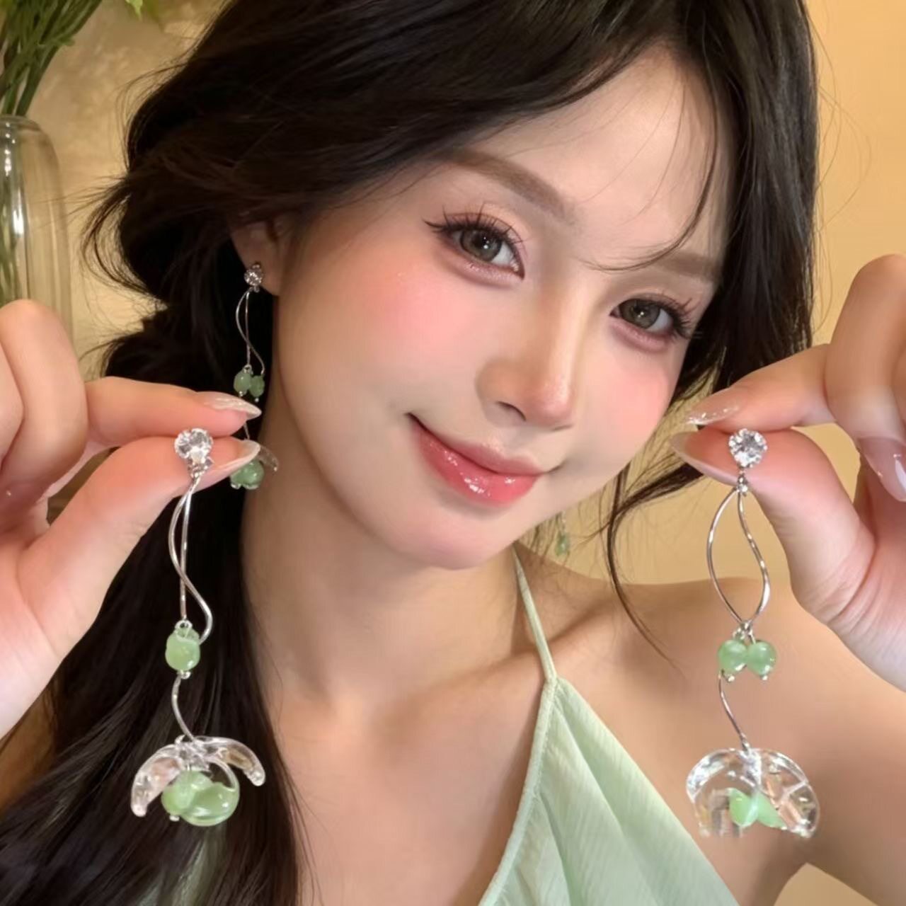 德国野寻风 超仙绿色花朵流苏耳环女轻奢小众耳钉气质甜美耳坠耳