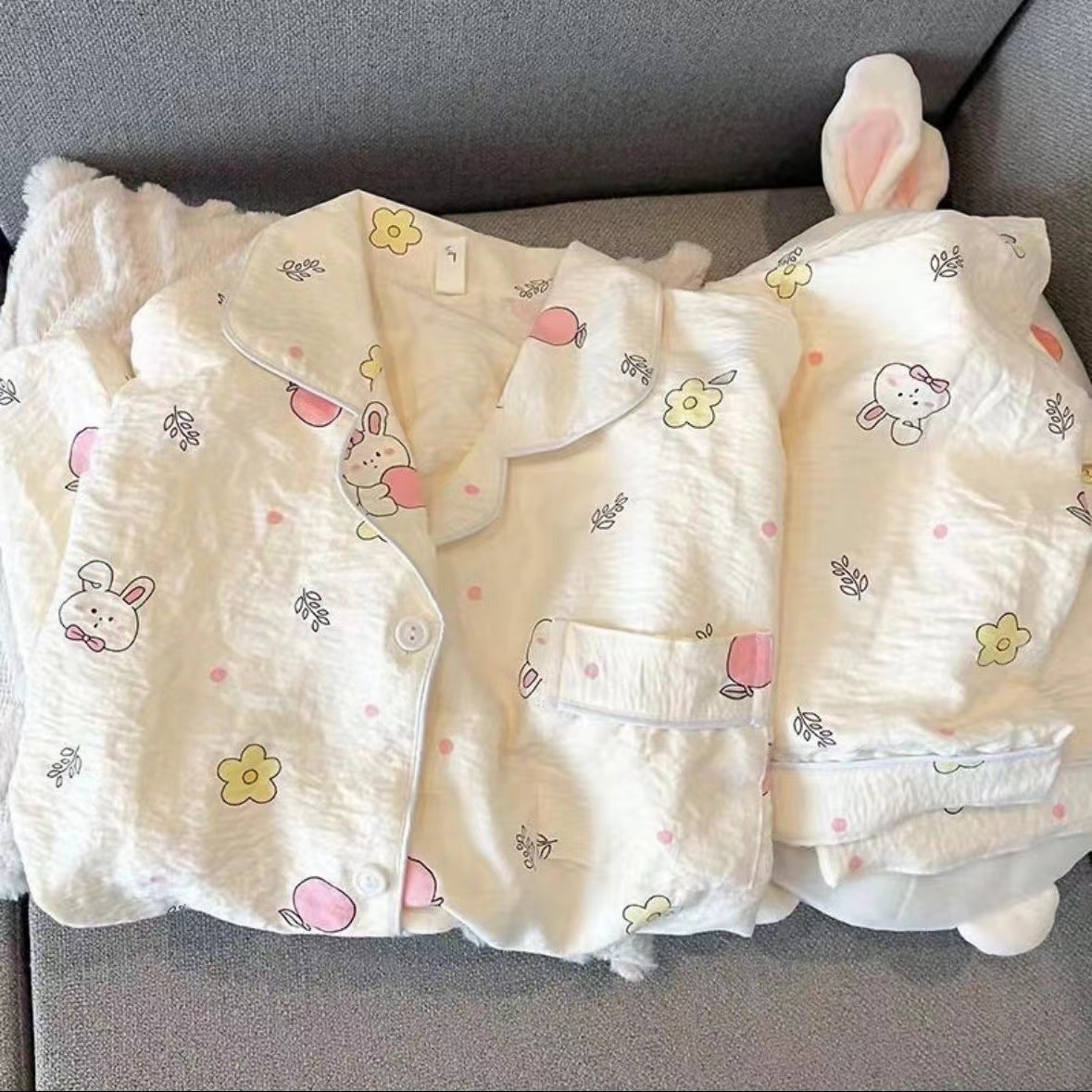 潮牌花朵兔子睡衣女云朵棉长袖长裤套装少女可爱甜美休闲家居服