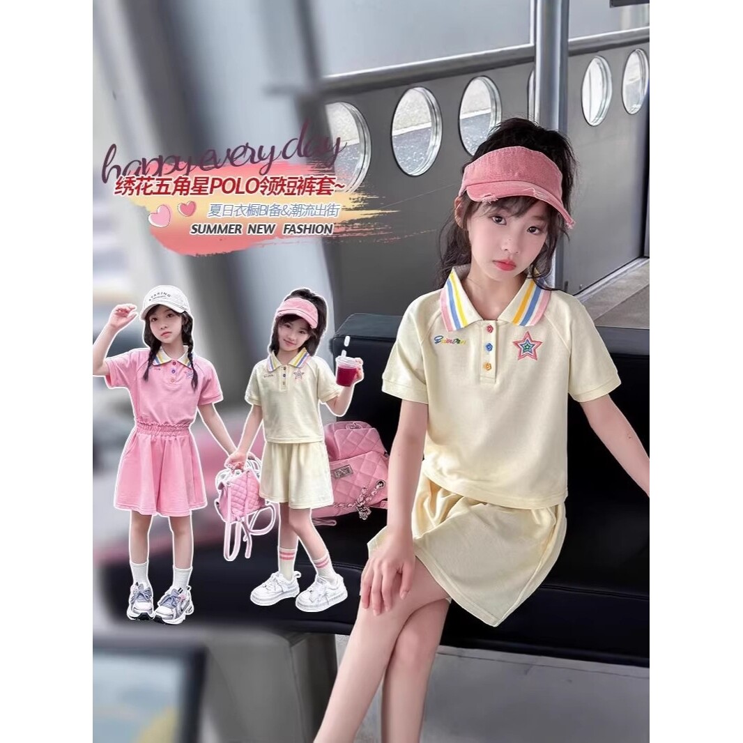进口女童秋季翻领POLO衫短裤两件套新款中大童韩版短裤运动套装潮