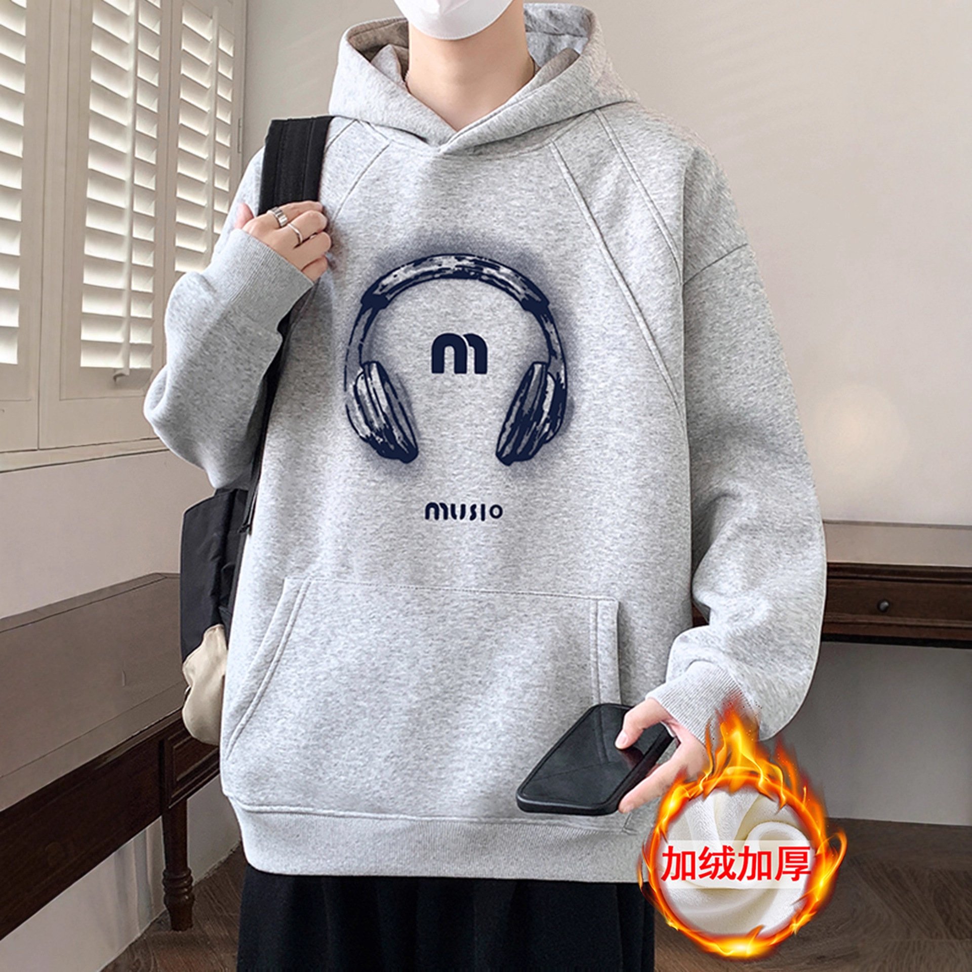 明星同款加绒加厚卫衣男孩青少年高中初中学生潮流帅气外套大童上