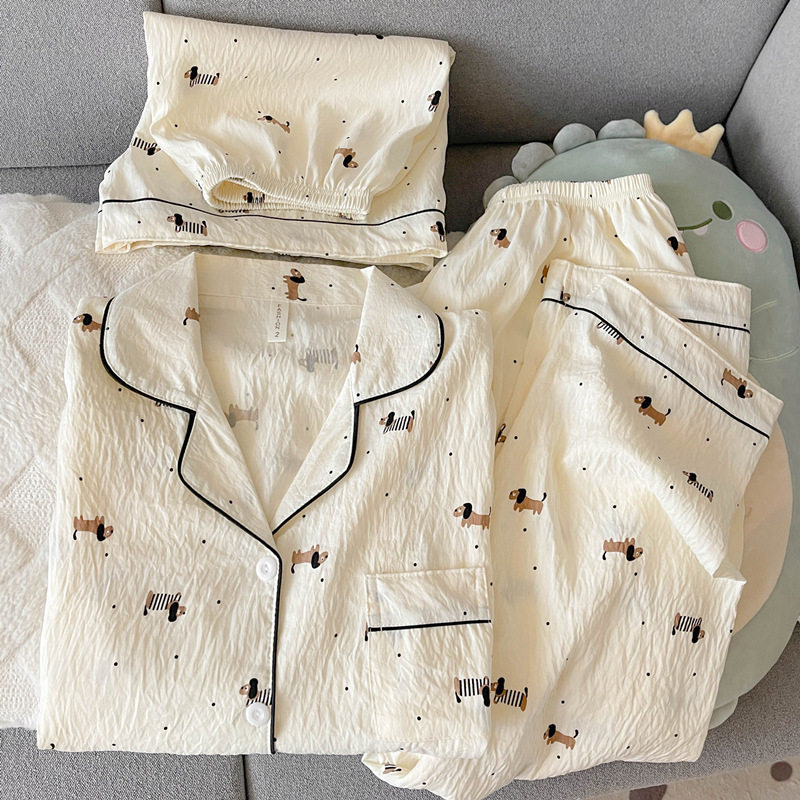 德国纯棉纱布睡衣女短袖长裤夏款三件套装圆点卡通家居服