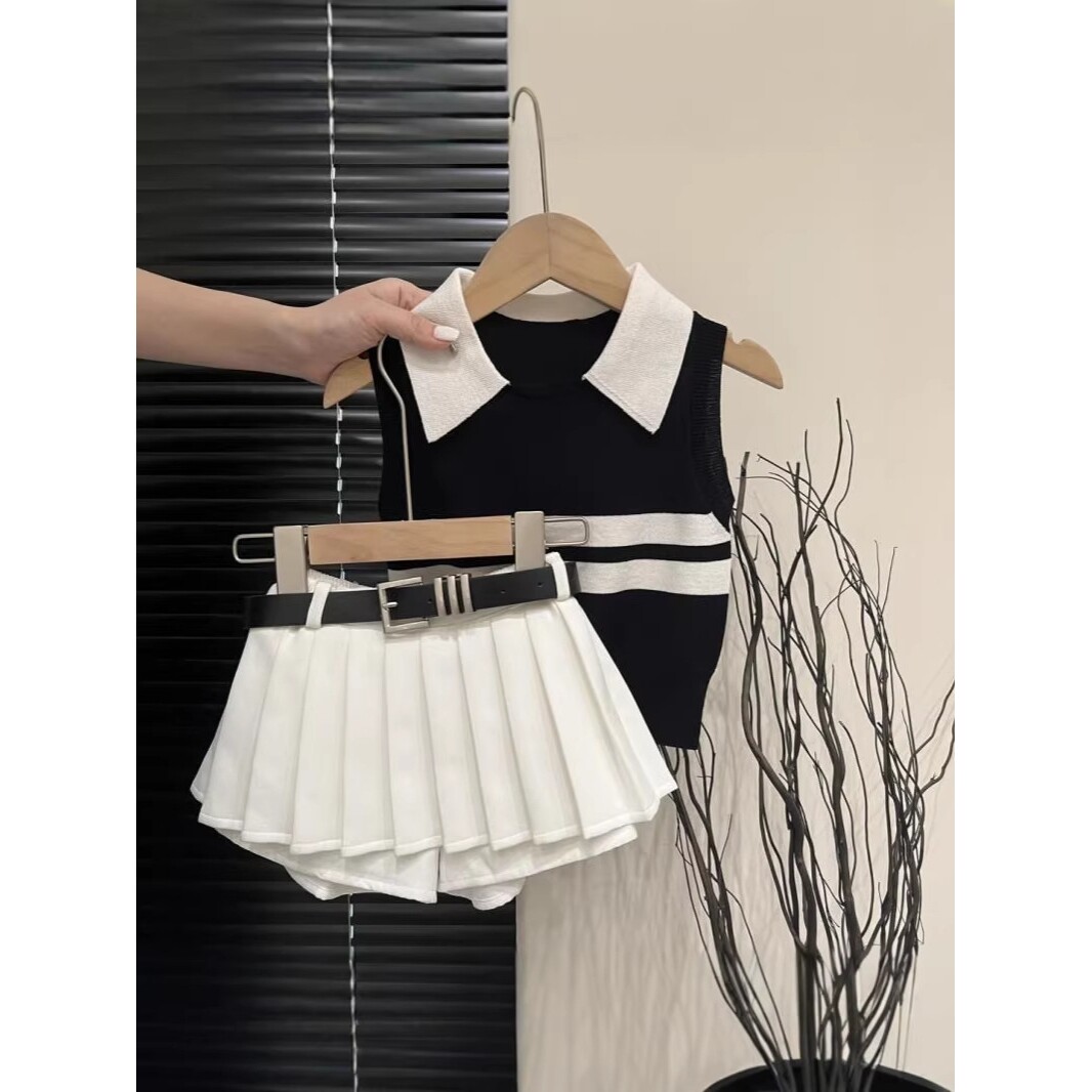 进口女童炸街套装秋装新款针织POLO衫短裤裙儿童JK制服时尚两件套