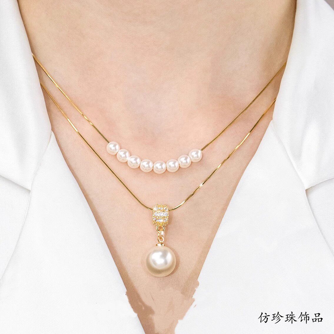 撤柜天然珍珠新款百搭时尚简约双层钛钢锁骨链单颗珍珠项链女式潮
