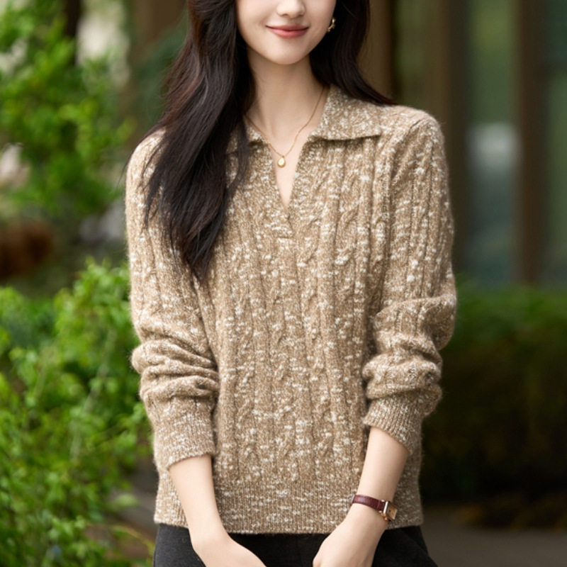 进口法式高级感花纱POLO领复古麻花毛衣女新款加厚百搭针织上衣