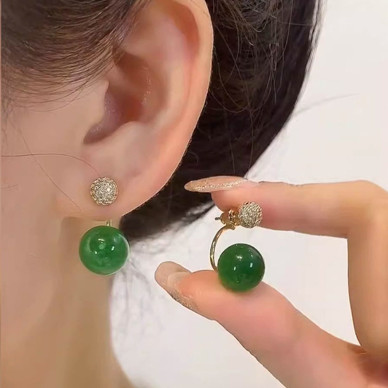 撤柜绿色前后戴圆珠耳环轻奢高级感耳钉小众气质耳饰女新款爆款