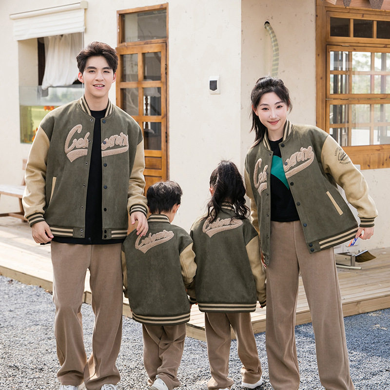 进口新款亲子装鹿皮绒夹棉一家三口母子母女棒球服夹克