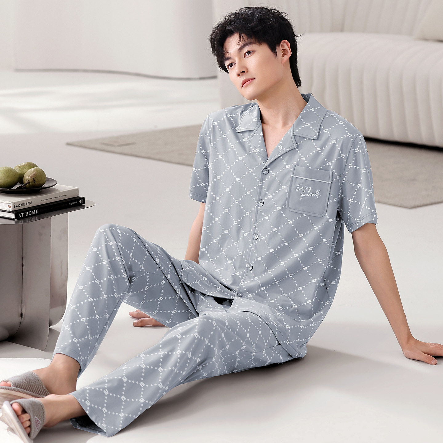 德国男士睡衣夏季柔软纯棉薄款短袖长裤新款大码高级感家居服套装