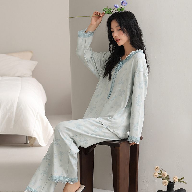 个性新品睡衣女纯棉长袖长裤御姐风V领全棉女士青年家居服套装