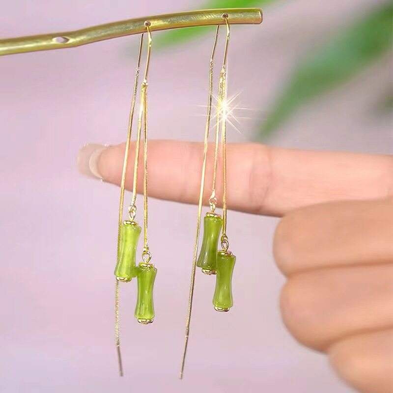 撤柜长款绿色竹节耳线耳环女防丢流苏设计感网红百搭耳饰新款耳坠