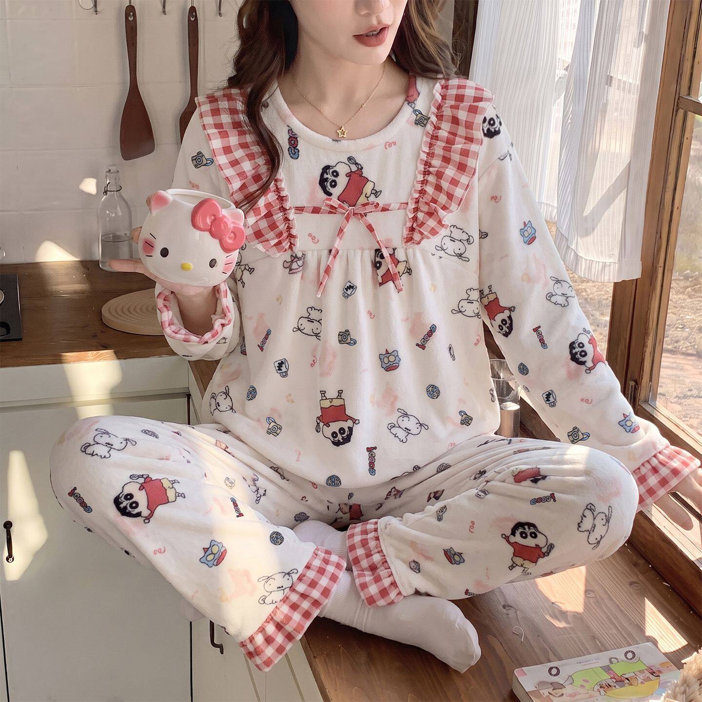 撤柜外贸法兰绒睡衣女可爱日系卡通加厚长袖保暖家居服套装