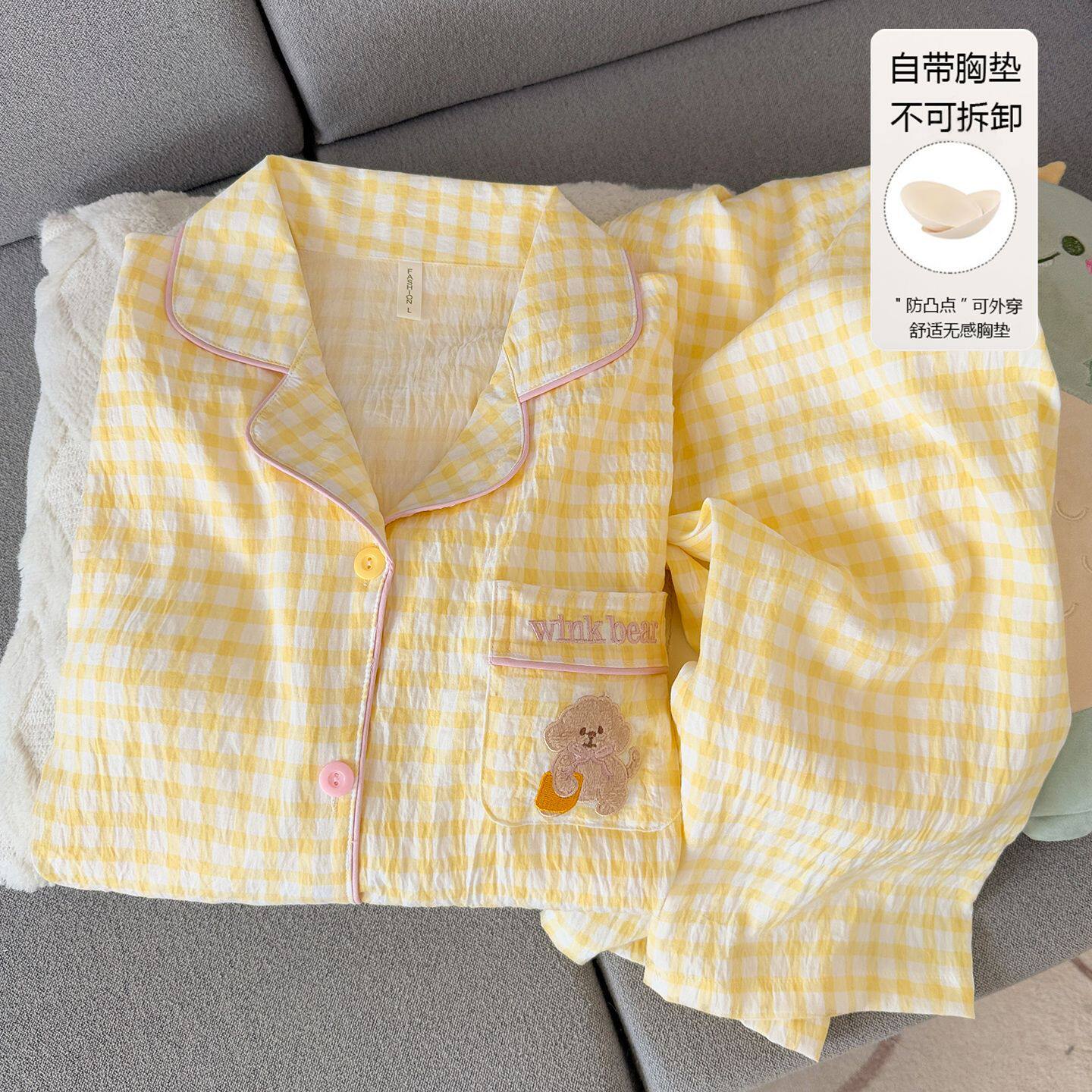 撤柜外贸睡衣女季带胸垫日系卡通格子长袖长裤宽松家居服套装