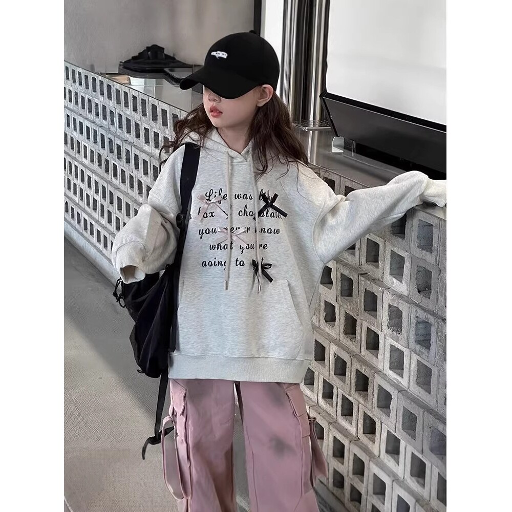 进口女童新款连帽长袖卫衣新款中大童韩版宽松字母印花上衣潮