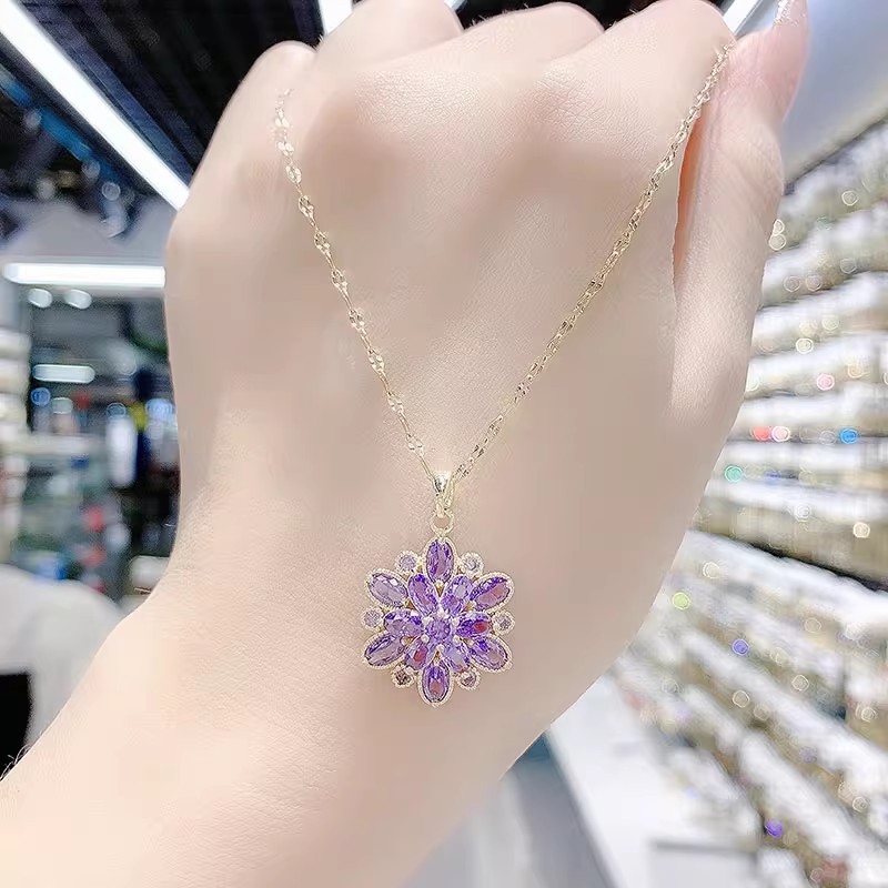 德国精致时尚百搭紫色水晶花朵项链女年网红新款小众设计感锁骨链