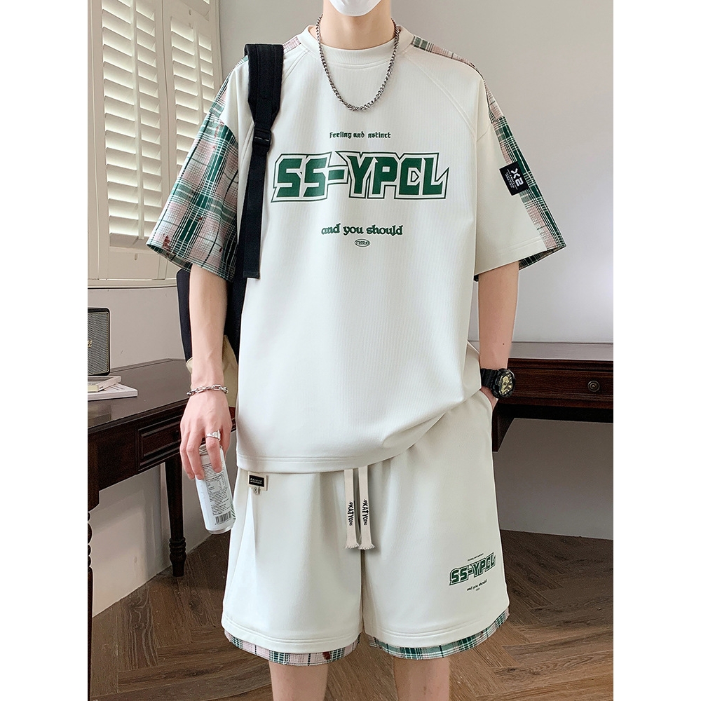 今年潮牌休闲运动套装男生高中初中生冰丝短袖t恤青少年夏装帅气