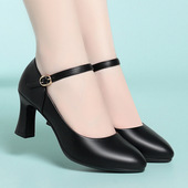 女黑色皮鞋 工装 一字扣带旗袍跳舞女鞋 进口一件高跟空姐工作鞋 单鞋
