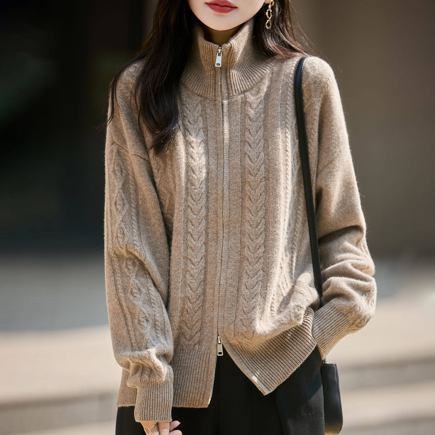 进口加厚立领复古%纯羊毛开衫拉链毛衣外套女新麻花针织上衣